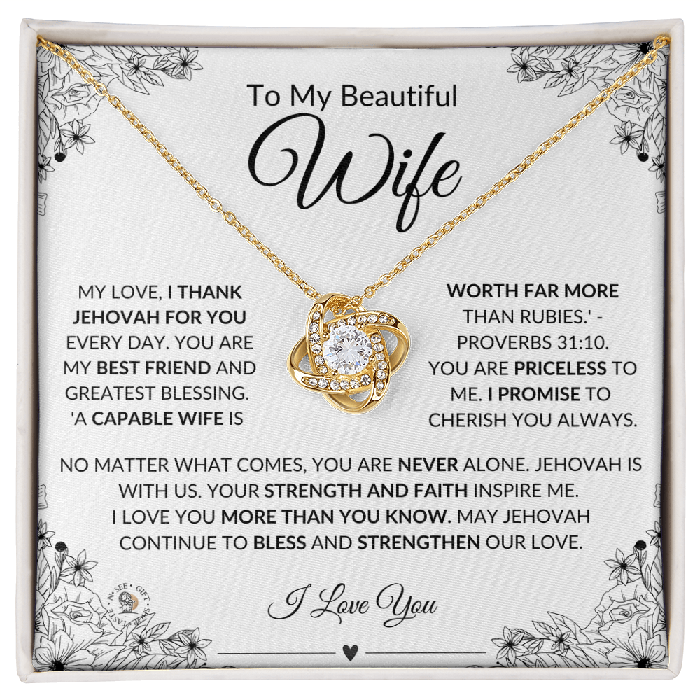 To My Beautiful Wife – Love Knot Necklace with Message Card - English