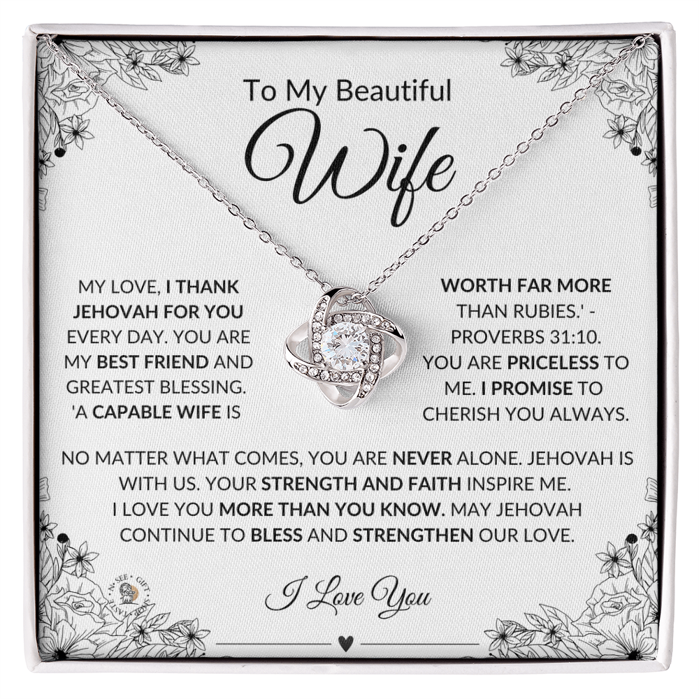To My Beautiful Wife – Love Knot Necklace with Message Card - English