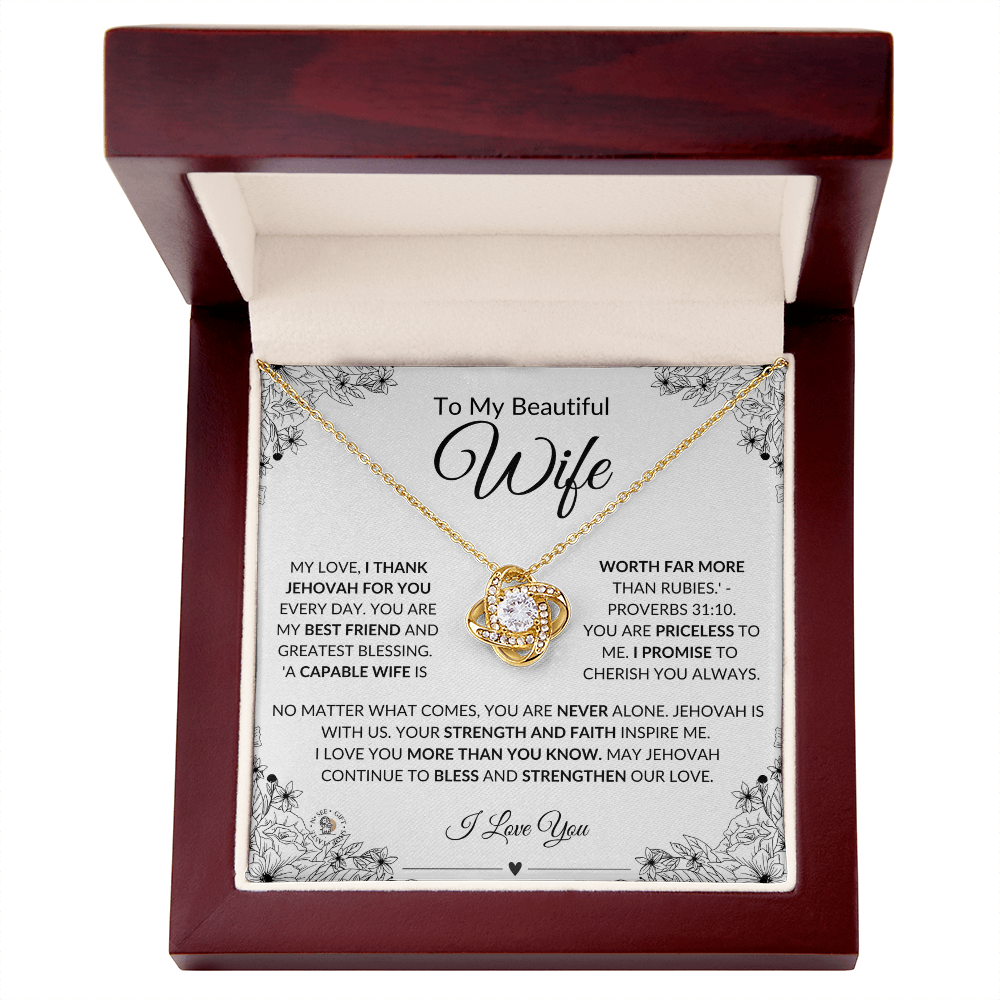 To My Beautiful Wife – Love Knot Necklace with Message Card - English