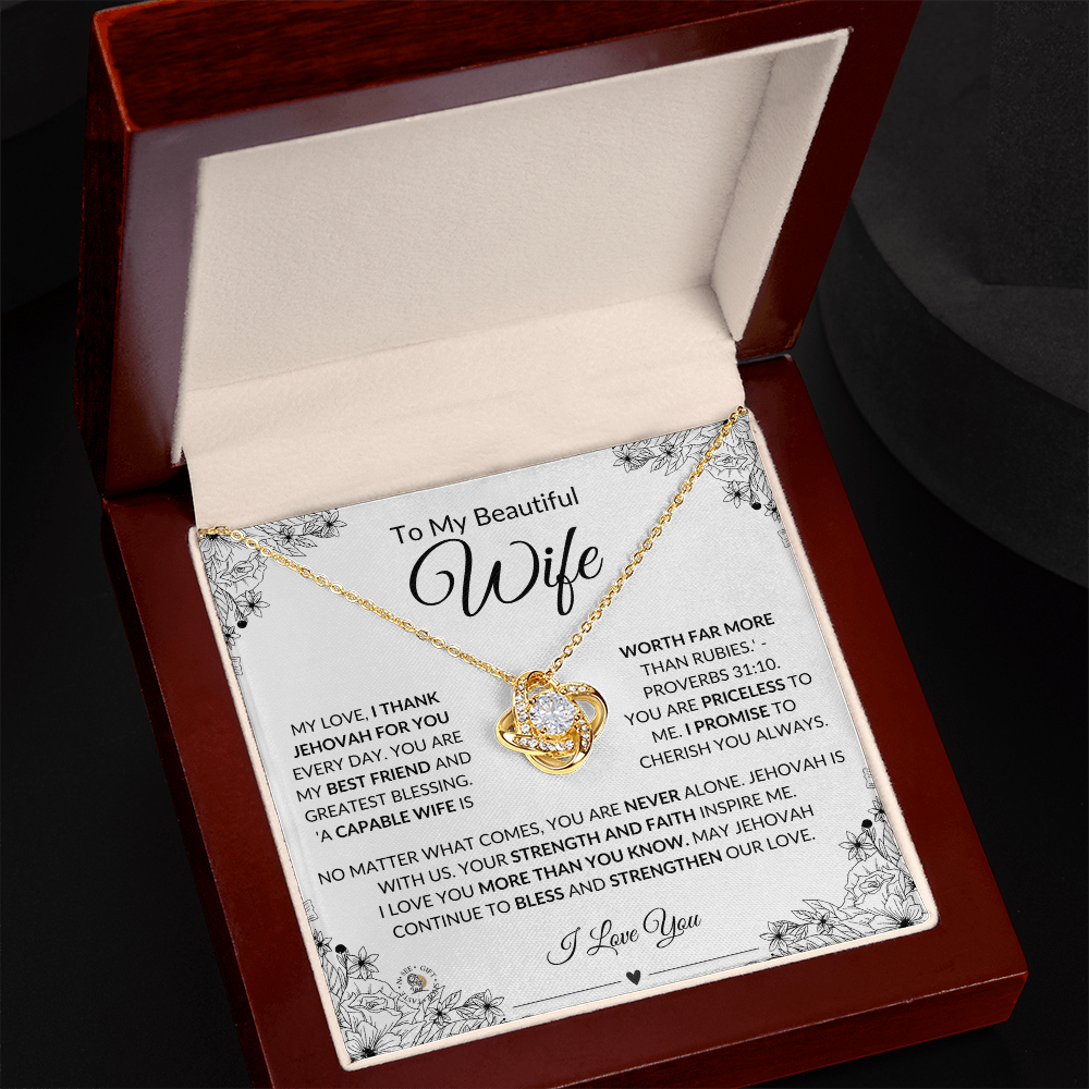 To My Beautiful Wife – Love Knot Necklace with Message Card - English