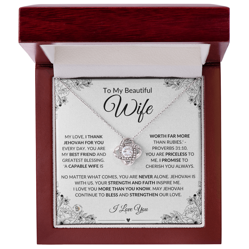 To My Beautiful Wife – Love Knot Necklace with Message Card - English