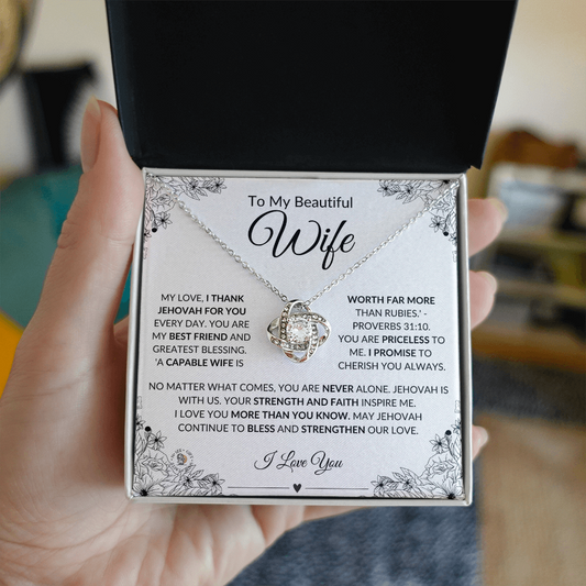 To My Beautiful Wife – Love Knot Necklace with Message Card - English